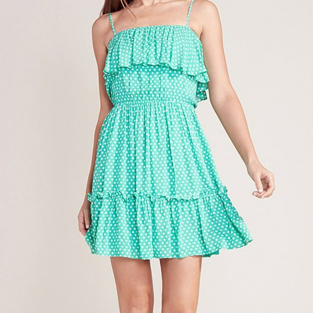 NWT BB Dakota Green Polka Dot Off The Press Sleeveless Ruffled Mini Dress